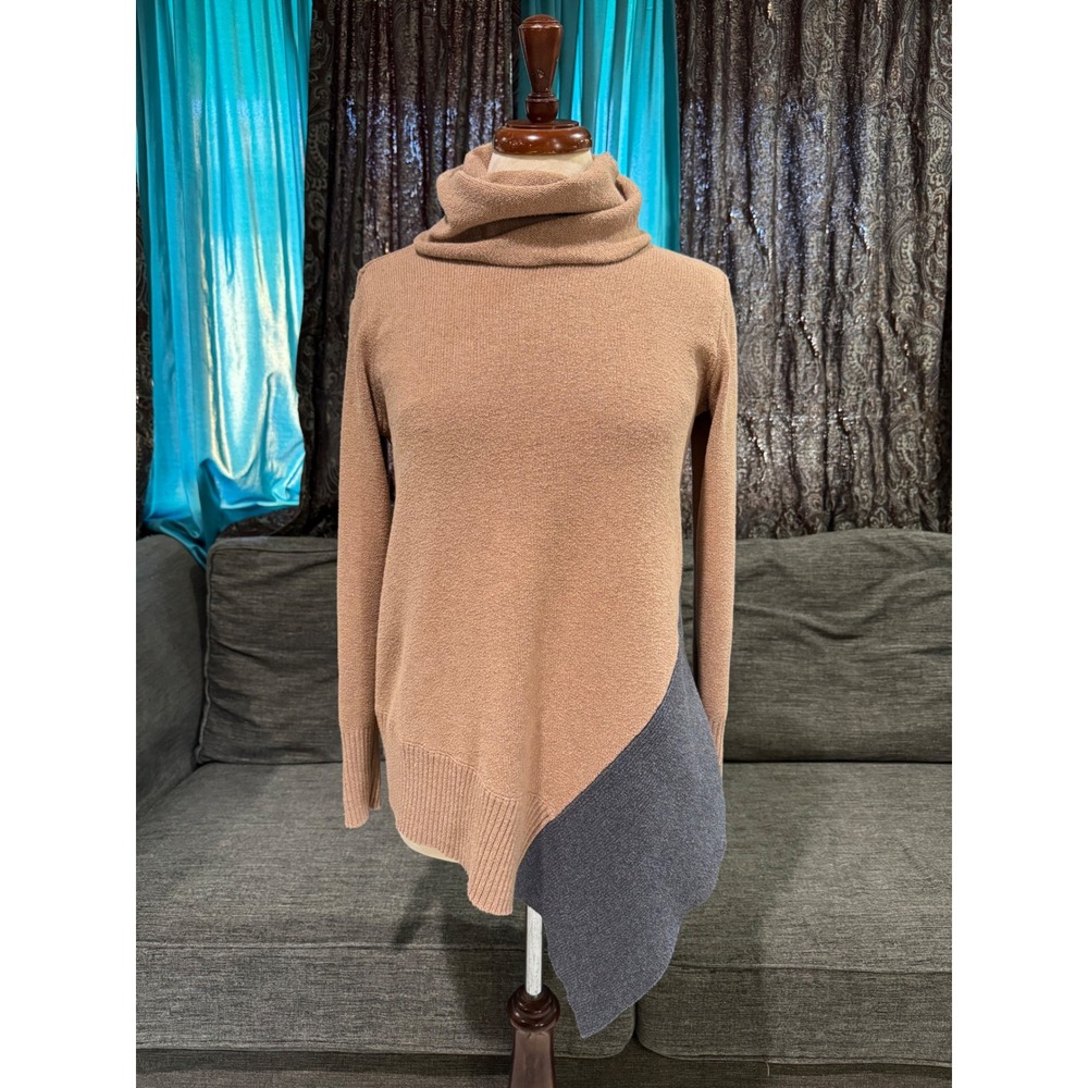 Cotton‎ Blend Stylus Womens Cowl Neck Asymmetrical Colorblock Sweater Tan Grey